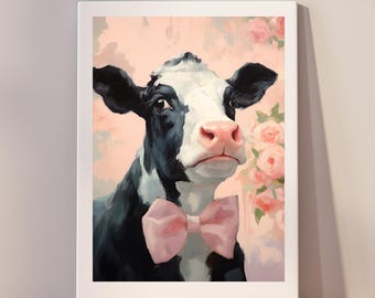 牛、素朴な農家の装飾、ビンテージ農場動物のプリント、コテージコアプリント、油絵の美学、農家の壁アートの装飾、牛のプリント