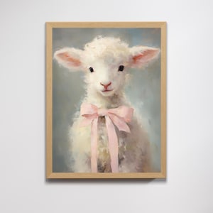 Impressionistic Fluffy White Sheep with Pink Bow, Pastel Nursery Wall Art, Farm Animal Decor, Lamb, Digital Download