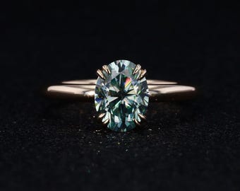 Green Oval Cut Moissanite Ring, 10K Solid Yellow Gold Engagement Ring, Solitaire Promise Ring, Gift for Her, Bridal Jewelry