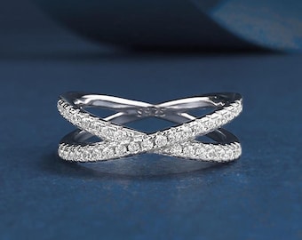 Sterling Silver Criss Cross Ring • Pavé Diamond Accent Band, Cubic Zirconia