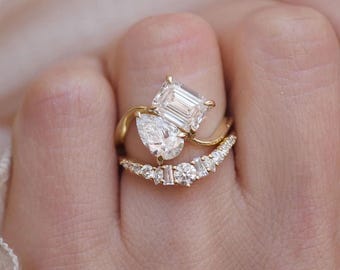Rose Gold Pear & Emerald Cut Diamond Duo Ring • Modern Bridal Jewelry