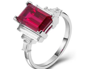 Emerald Cut Ruby Ring with Diamond Accents – Art Deco White Gold Jewelry