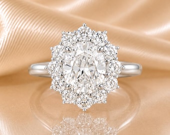 Oval Rose Cut Lab Grown Diamond Halo Engagement Ring, 10K White Gold Vintage Bridal Ring, Antique Style Promise Ring