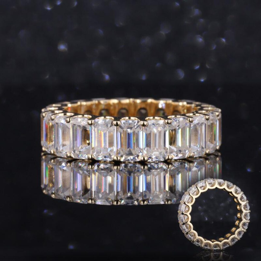 Emerald Cut Cubic Zirconia Eternity Band, Yellow Gold Ring Set - Etsy