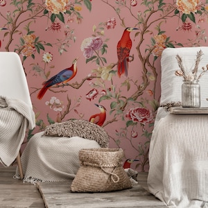 Pink Bird and Floral Wallpaper – Elegant Tropical Design Peel and Stick Wall Mural | Peel and Stick Wallpaper | Removable Wallpaper
