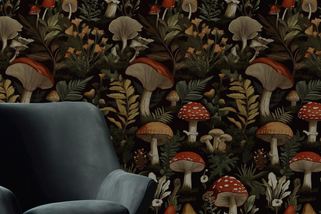 Botanical Mushroom Wallpaper – Dark Forest Peel and Stick Wall Mural - Etsy
