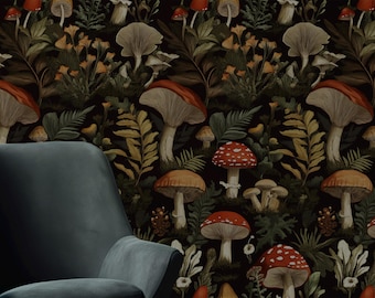 Botanical Mushroom Wallpaper – Dark Forest Peel and Stick Wall Mural
