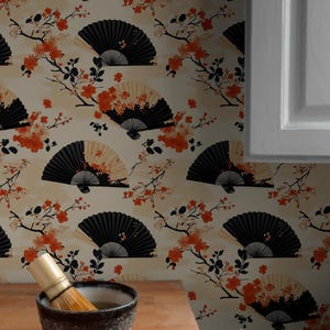 Japanese Fan & Cherry Blossom Wallpaper - Elegant Asian Inspired Peel and Stick Wall Mural | Peel and Stick Wallpaper | Removable Wallpaper
