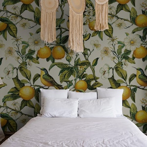 Carta da parati vintage con uccelli e limoni botanici - Carta da parati murale staccabile e adesiva ispirata alla natura / Carta da parati staccabile e adesiva / Carta da parati rimovibile