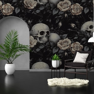 Vintage Gothic Rose & Skull Mural - Dramatic Wall Decor | Peel and Stick Wall Mural | Peel and Stick Wallpaper | Removable Wallpaper