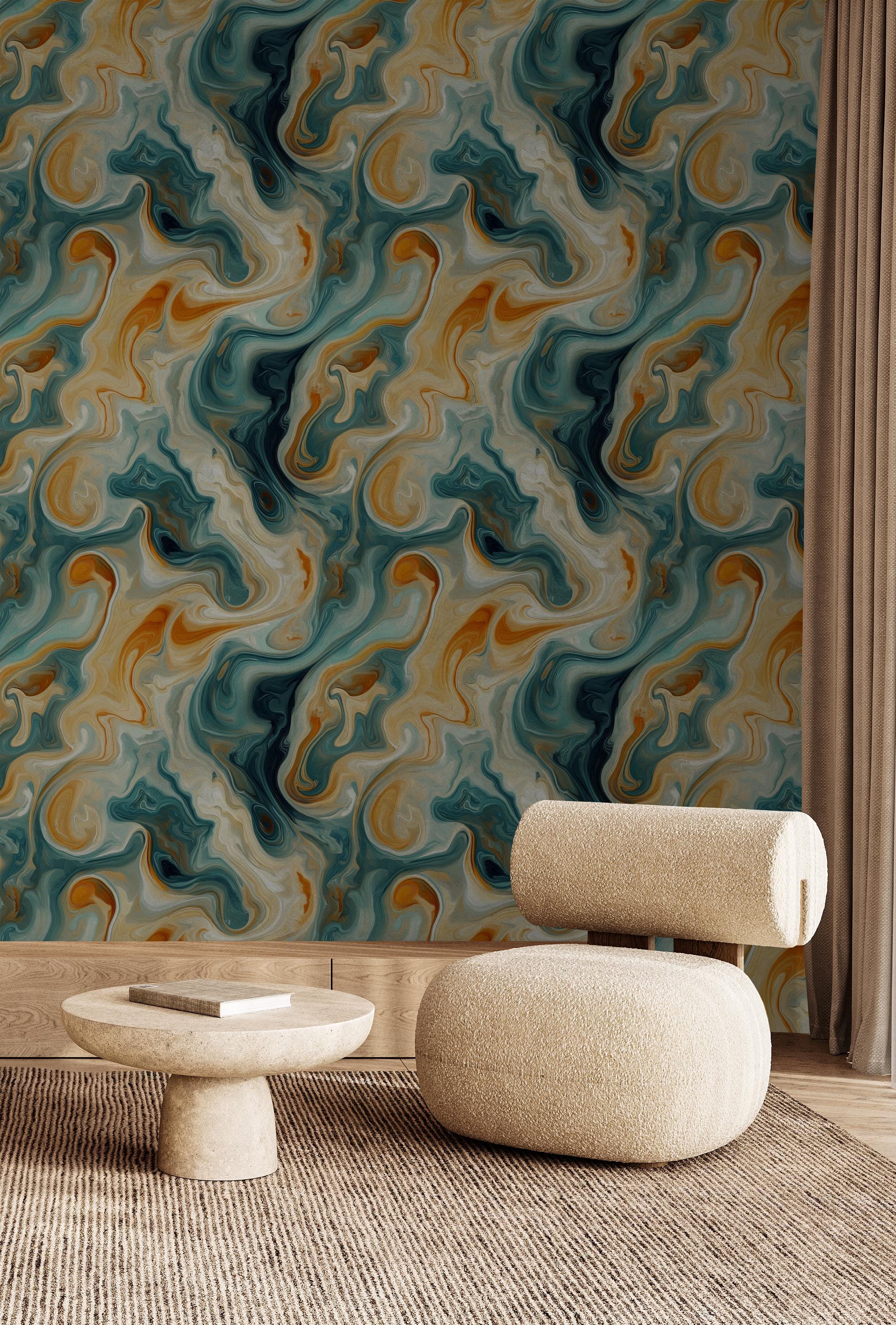 Abstract Swirl Peel and Stick Wallpaper – Turquoise, Gold, Beige - Etsy