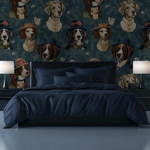 Elegant Victorian Dog Portrait Wallpaper – Dark Vintage Animal Peel and Stick Wall Mural |Peel and Stick Wallpaper | Removable Wallpaper
