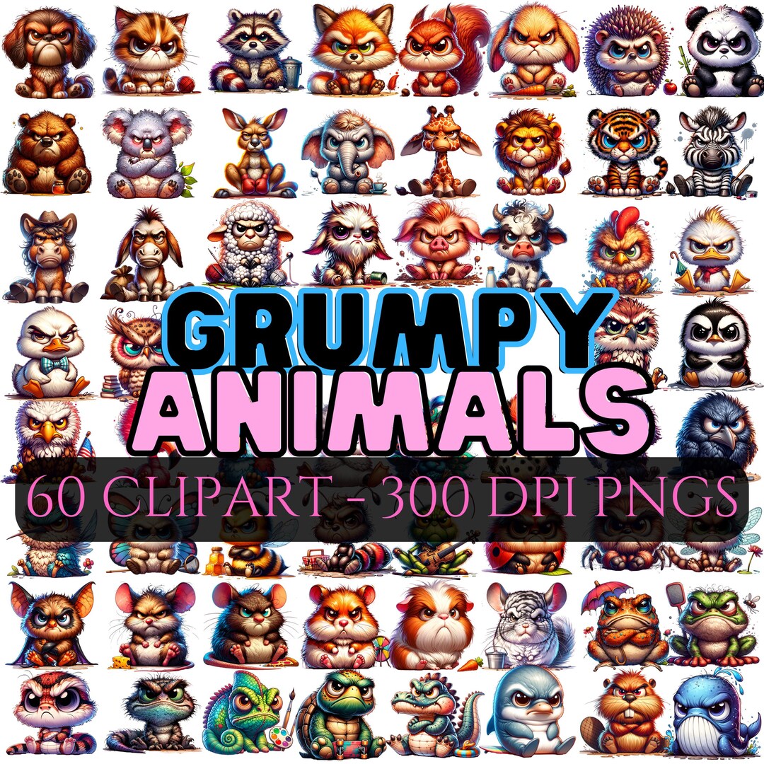 60 Watercolor Funny Grumpy Animals Collection Clipart, 60 Transparent ...