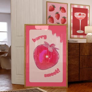 Berry Sweet 3D Strawberry Wall Art Glossy Pink Fruit Poster for Living Room Minimalist Cute Kawaii Printable Girly Decor Digital Download