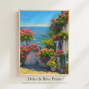 Italian Oil Painting Print | Amalfi Coast Art | Floral Balcony Wall Decor | Mediterranean Seascape Poster | Old Money Art | Vintage Wall Art
