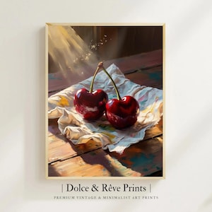 Vintage Cherry Wall Art Print Sunlit Oil Painting Fruit Still Life Rustic Kitchen Art Digital Download Cottagecore Aesthetic Cherry Poster