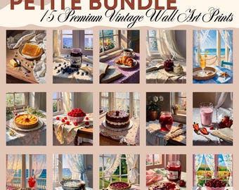 May include: A collection of 15 premium vintage wall art prints. The prints feature various still life scenes, including food items like honey, blueberries, croissants, and cake, set against window views and beach scenes. The prints have a soft, painterly style with warm color tones.