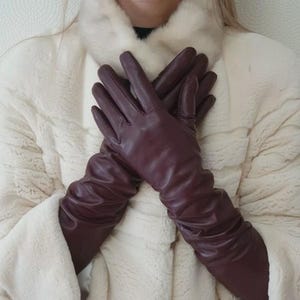 Long genuine leather gloves, opera elbow gloves Burgundy