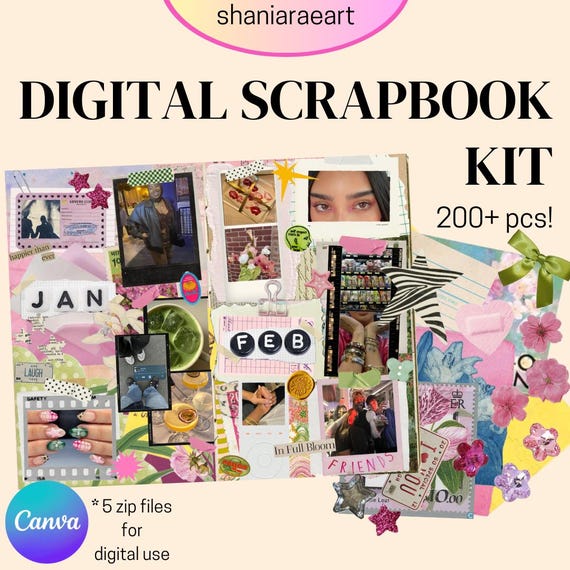 Digital Scrapbook Kit: Junk Journal Style, 206 PNGs (Digital Use Only)