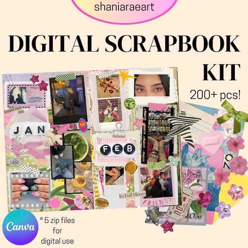 May include: A digital scrapbook kit with over 200 pieces. The kit includes a variety of images, stickers, and other decorative elements. The images are in a collage style and feature a variety of colors and themes. The kit is perfect for creating digital scrapbooks, journals, and other creative projects.