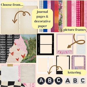 May include: A collage of images featuring various printable items for journaling, scrapbooking, and crafting. The collage includes journal pages, decorative paper, picture frames, and lettering elements. The text "FRIENDS" is visible in one of the picture frames.