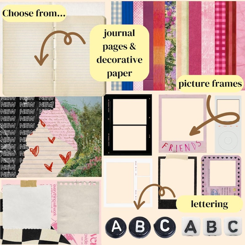 May include: A collage of images featuring various printable items for journaling, scrapbooking, and crafting. The collage includes journal pages, decorative paper, picture frames, and lettering elements. The text "FRIENDS" is visible in one of the picture frames.
