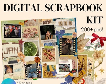Vintage Digital Scrapbook Kit: 202+ PNGs, Junk Journal Style (Digital Use Only)