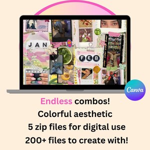 May include: A laptop screen displaying a digital collage of images, including photos of people, nature, and objects. The collage is in a colorful aesthetic with a pink, green, and yellow color scheme. The text "JAN" and "FEB" are visible on the collage. The text "Endless combos! Colorful aesthetic 5 zip files for digital use 200+ files to create with!" is displayed below the laptop. The Canva logo is in the lower right corner of the image.