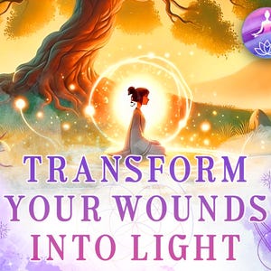May include: A woman sits in a meditative pose surrounded by a glowing orb, with the text "TRANSFORM YOUR WOUNDS INTO LIGHT" in purple lettering. The background features a large tree, a sunset, and a purple watercolor effect.