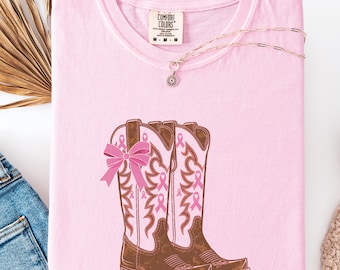 Breast Cancer Boots Shirt, Breast Cancer Awareness Tee, Pink Cowgirl Boots T-Shirt, Comfort Colors Breast Cancer Top, Cancer Survivor Gifts