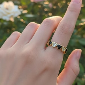 Gemstone Onyx & CZ Brass Gold Plated Ring Handmade Heart Shape Adjustable Jewelry KJ-1902