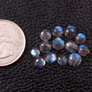 Könnte beinhalten: Eine Ansammlung von zwölf runden, facettierten Labradorit-Edelsteinen mit irisierenden blauen Blitzen, die neben einer US-Vierteldollarmünze zum Größenvergleich liegen. Die Steine zeigen eine durchscheinende, gräuliche Grundfarbe mit variierenden blauen Lichteffekten.