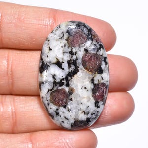 May include: Oval-shaped gemstone with a speckled pattern of white, black, and red. The stone features several prominent, deep red inclusions scattered across its surface. The overall appearance is polished and smooth, with a natural, earthy aesthetic.