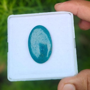 May include: An oval-shaped, polished turquoise gemstone with a smooth, glossy surface and a vibrant teal-blue color. The stone is centered on a square white display pad, showcasing its natural texture and consistent, saturated blue-green hue.
