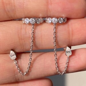 925 Silver Chain Earrings, Round Moissanite Earrings, Bezel Set Connected Helix Cartilage Earrings, Ear Cuff Open Hoop Jacket Earrings