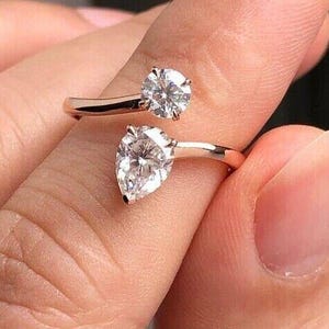 Open Diamond Bypass Wedding Ring, Round & Pear Cut Lab Grown Diamond Engagement Ring, Toi Et Moi Ring, 14K Solid Rose Gold Two Stone Ring