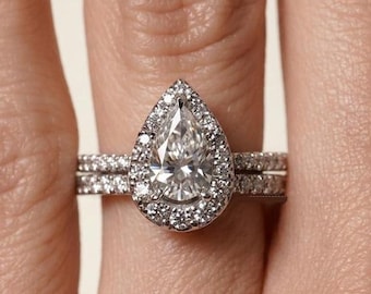 Unique Pear Shape Pave Set Insert Wedding Ring, 8x5MM Pear Cut Moissanite Ring For Women, Open Shank Halo Diamond Ring Set White Gold Plated