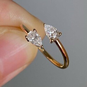Two Stone Open Diamond Ring, Pear Cut Lab Grown Diamond Engagement Ring, Adjustable Wedding Ring, Toi Et Moi Ring In 14K Yellow Gold Ring
