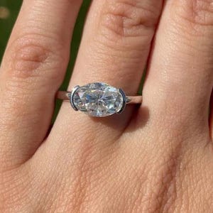 2 CT Oval Cut Lab Grown Diamond Engagement Ring, East To West Half Bezel Set Ring, Solitaire Wedding Ring, 14K Solid White Gold Promise Ring
