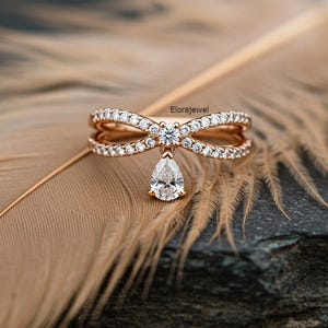 Pear Cut Dangle Charm Knot Ring, Unique Bow Style Wedding Ring, Round Cut Lab Grown Diamond Engagement Ring, 14K Yellow Gold Ring Women Ring