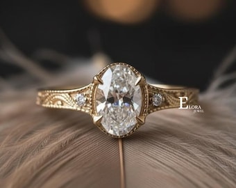 Oval Cut Milgrain Bezel Set Ring, Three Stone Diamond Ring, Art Deco Lab Grown Diamond Engagement Ring, 14K Solid Yellow Gold Filigree Ring
