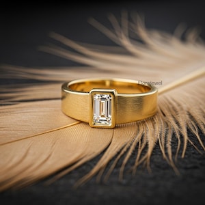 Emerald Cut Lab Grown Diamond Engagement Ring, Solitaire Wedding Ring, 14K Solid Yellow Gold Bezel Set Ring, Anniversary Gift For Women&#39;s
