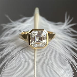 3.00 CT Asscher Cut Lab Grown Diamond Engagement Ring, Solitaire Wedding Ring, Asscher Cut Bezel Set Ring, 14K Yellow Gold Anniversary Ring