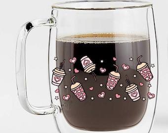 Double-Wall Coffee Glass Mug: Pink Hearts & Iced Coffee Design
