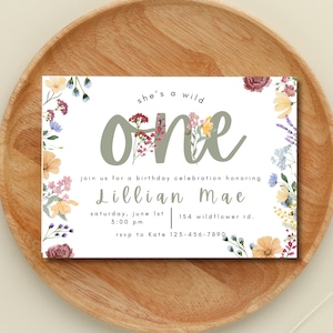 She’s a Wild One First Birthday Invitation | Wildflower First Birthday Digital Invite |  Editable Invitation | Boho Wildflower invitation