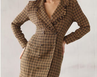 US Vintage brown plaid tweed long sleeve fitted waist mini dress XS