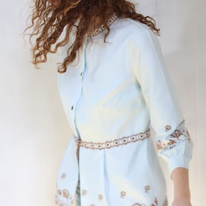 Vintage sky blue brown embroidery blouse top