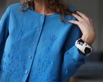 Vintage silk linen blue box blazer jacket