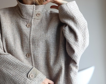 Cappotto vintage beige grigio in lana con trama a nido d'ape lungo fino ai fianchi