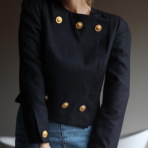 Vintage dark grey wool gold button short blazer jacket
